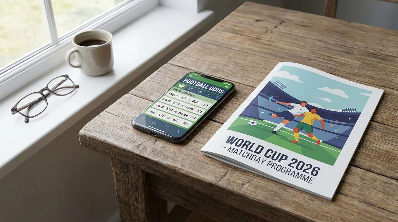 Smartphone displaying football betting odds alongside a World Cup 2026 matchday programme