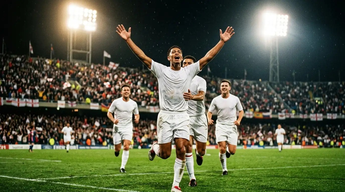 English player in a white jersey celebrates a goal with arms raised under stadium lights
