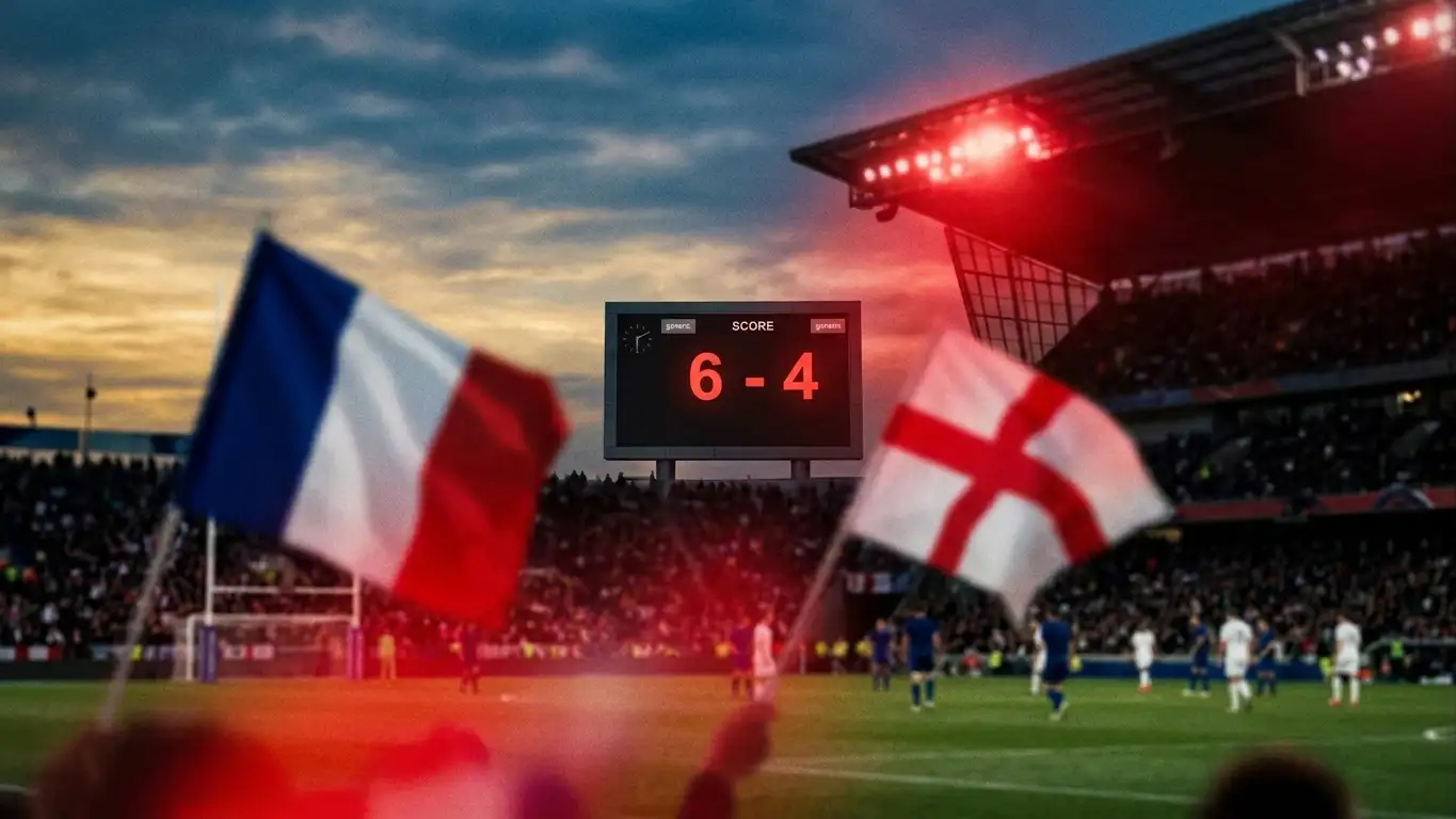 The scoreboard at MetLife Stadium shows 6-4, with French and English flags in the foreground