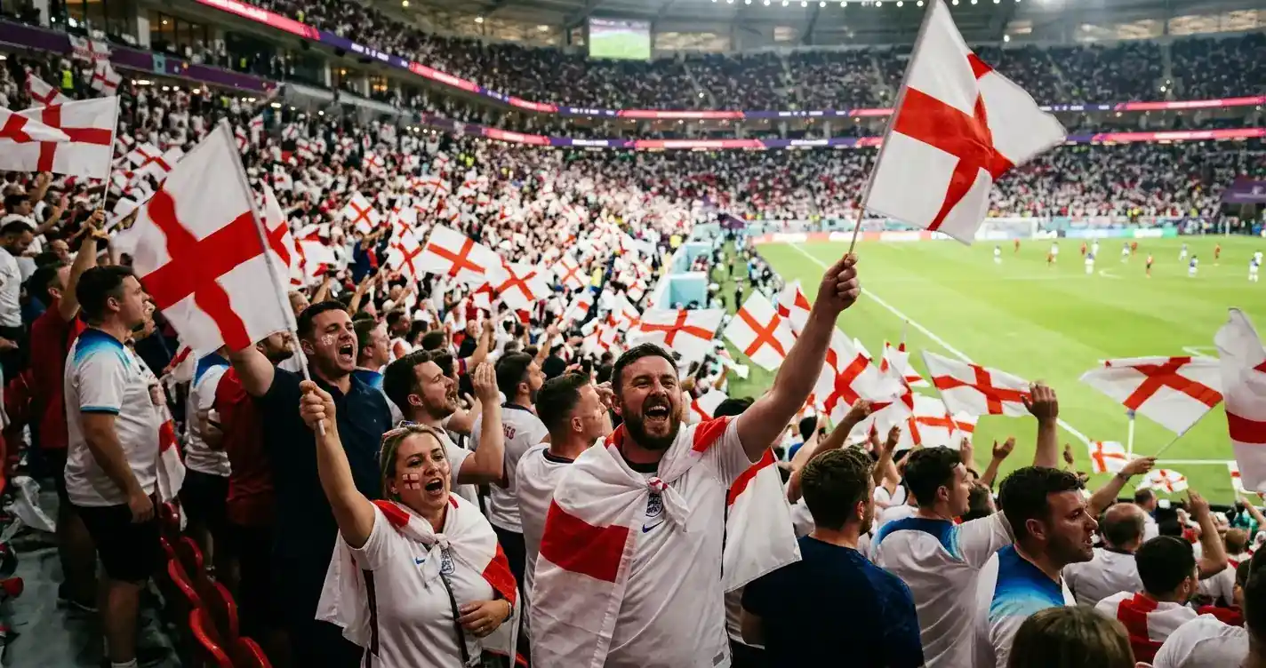 England fans in white and red waving St George's Cross flags in a World Cup crowd
