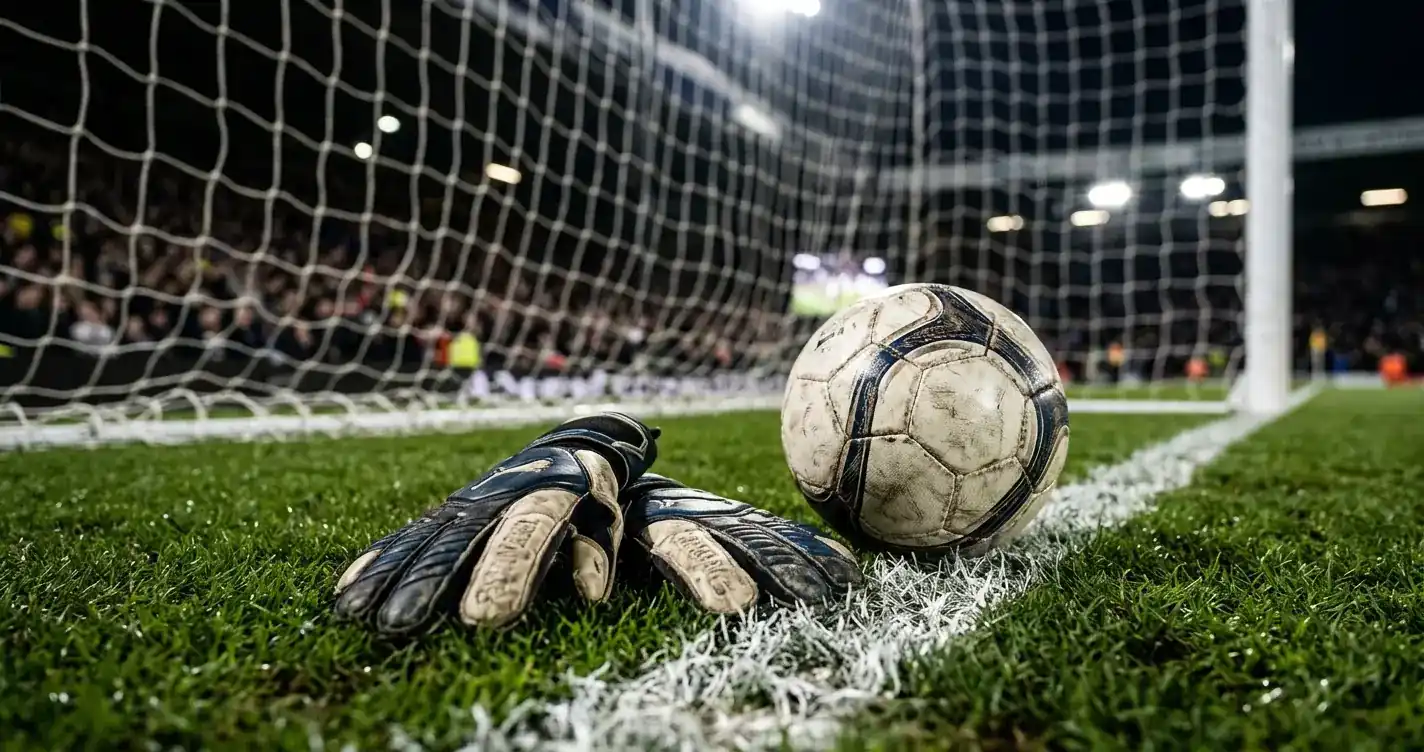 Goalkeeper gloves and a football resting on the goal-line of a floodlit pitch