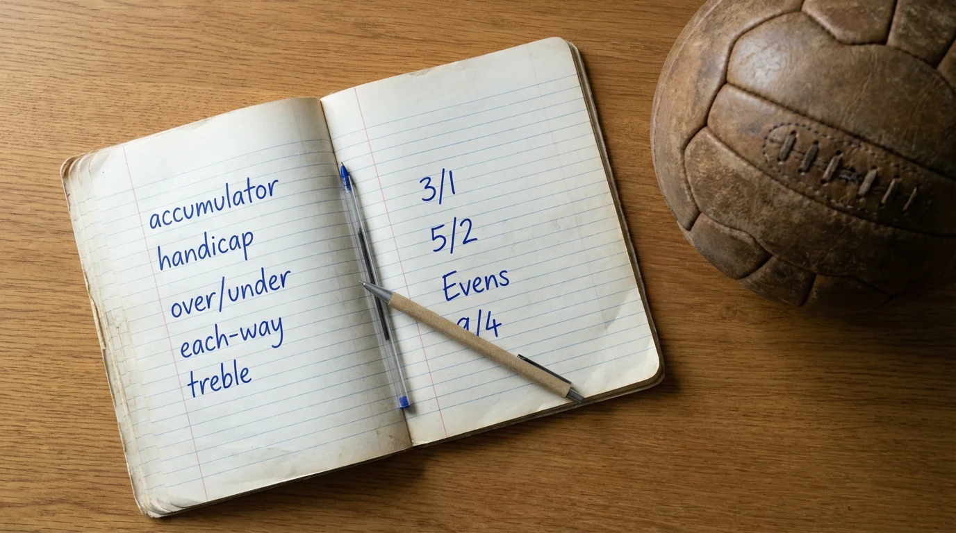 Open notebook with handwritten betting terminology alongside a football and fractional odds display