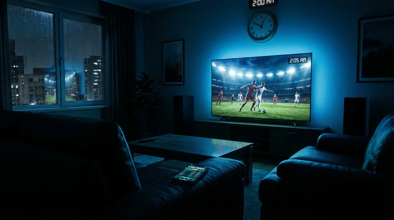 Live football match broadcast with real-time betting odds overlay and a clock showing late-night Irish time