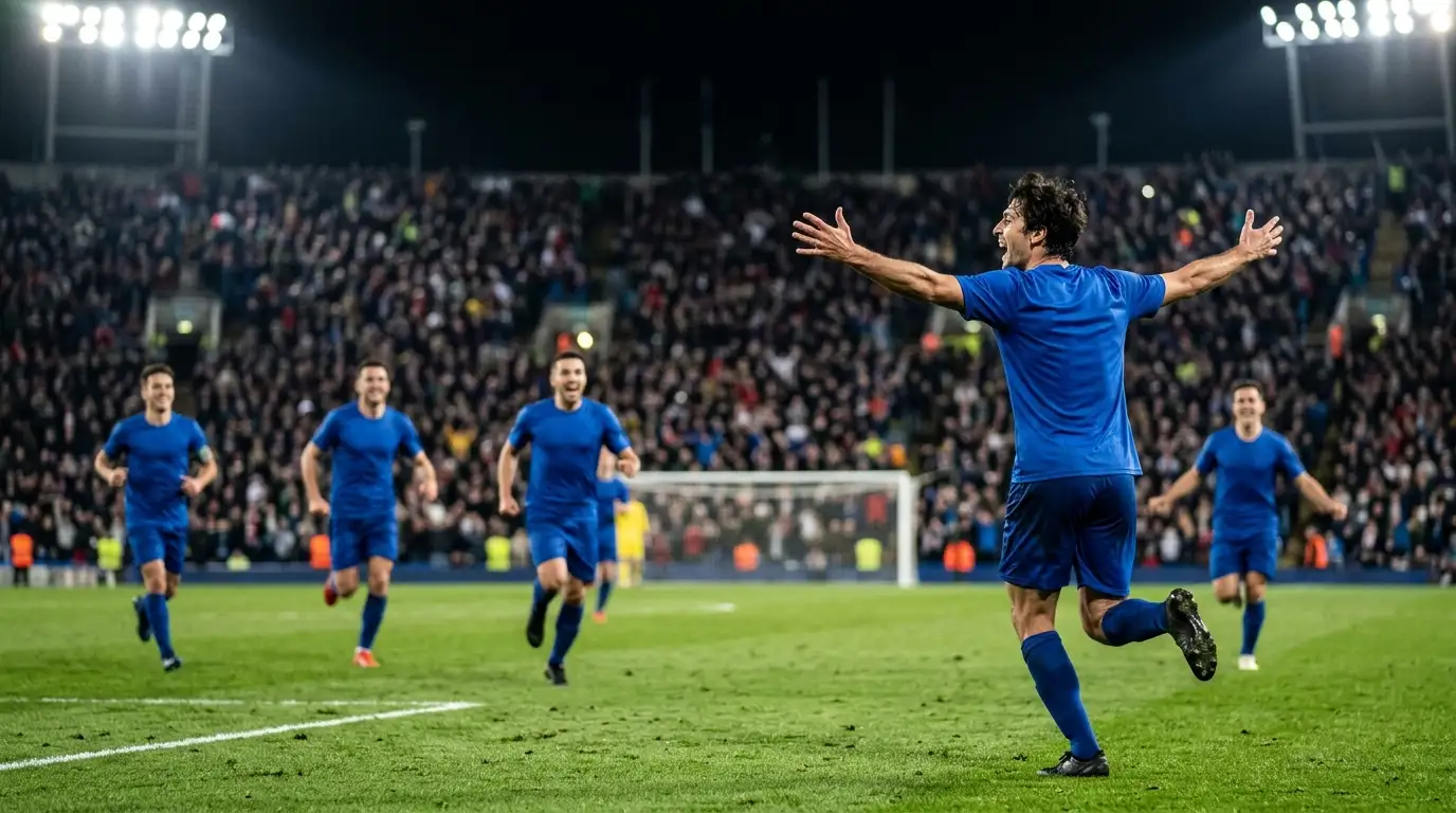 Number 10 in a blue jersey celebrates a goal with arms outstretched in packed stadium