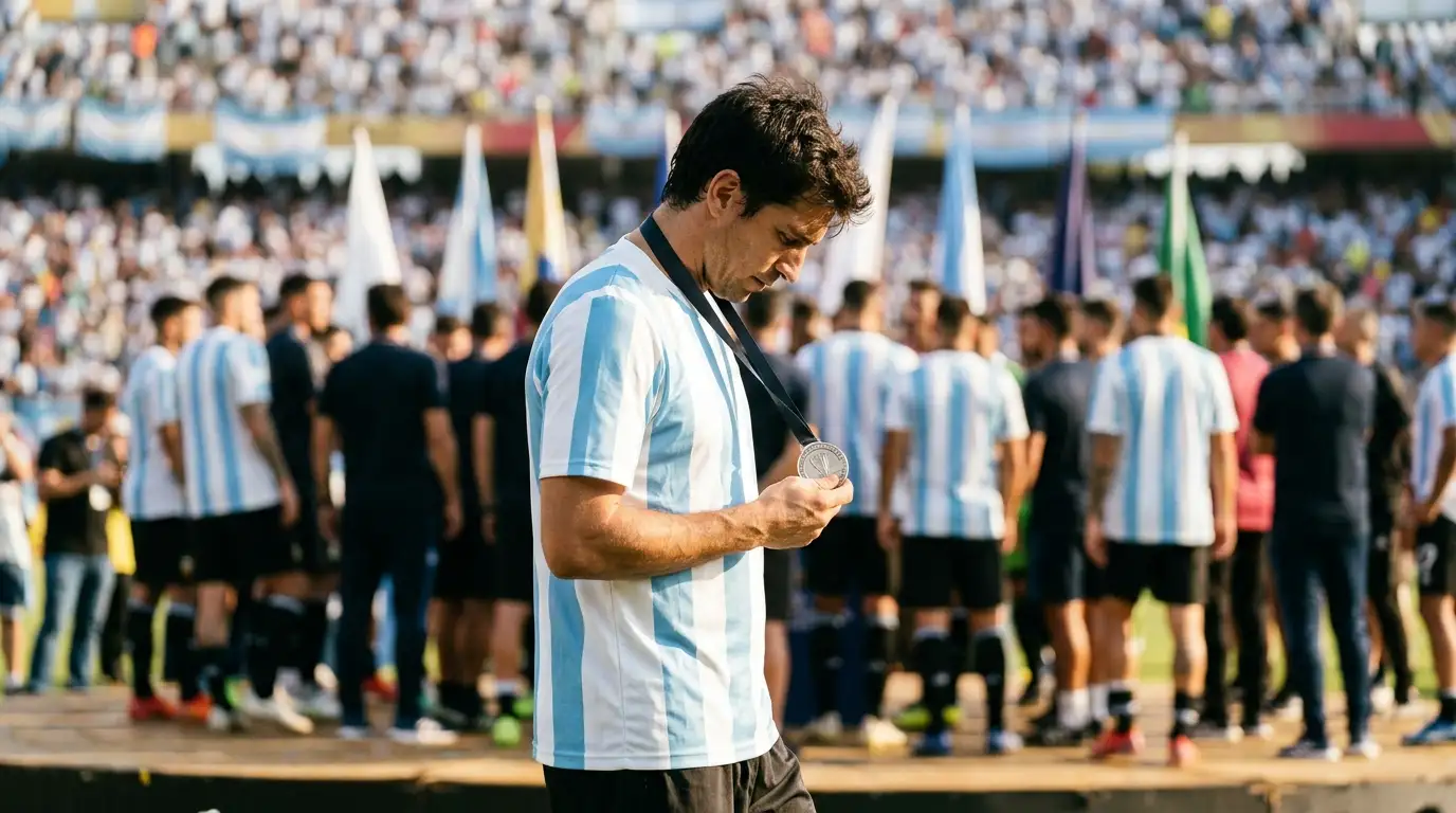 Lionel Messi looks down at his runners-up medal at a sun-drenched trophy ceremony