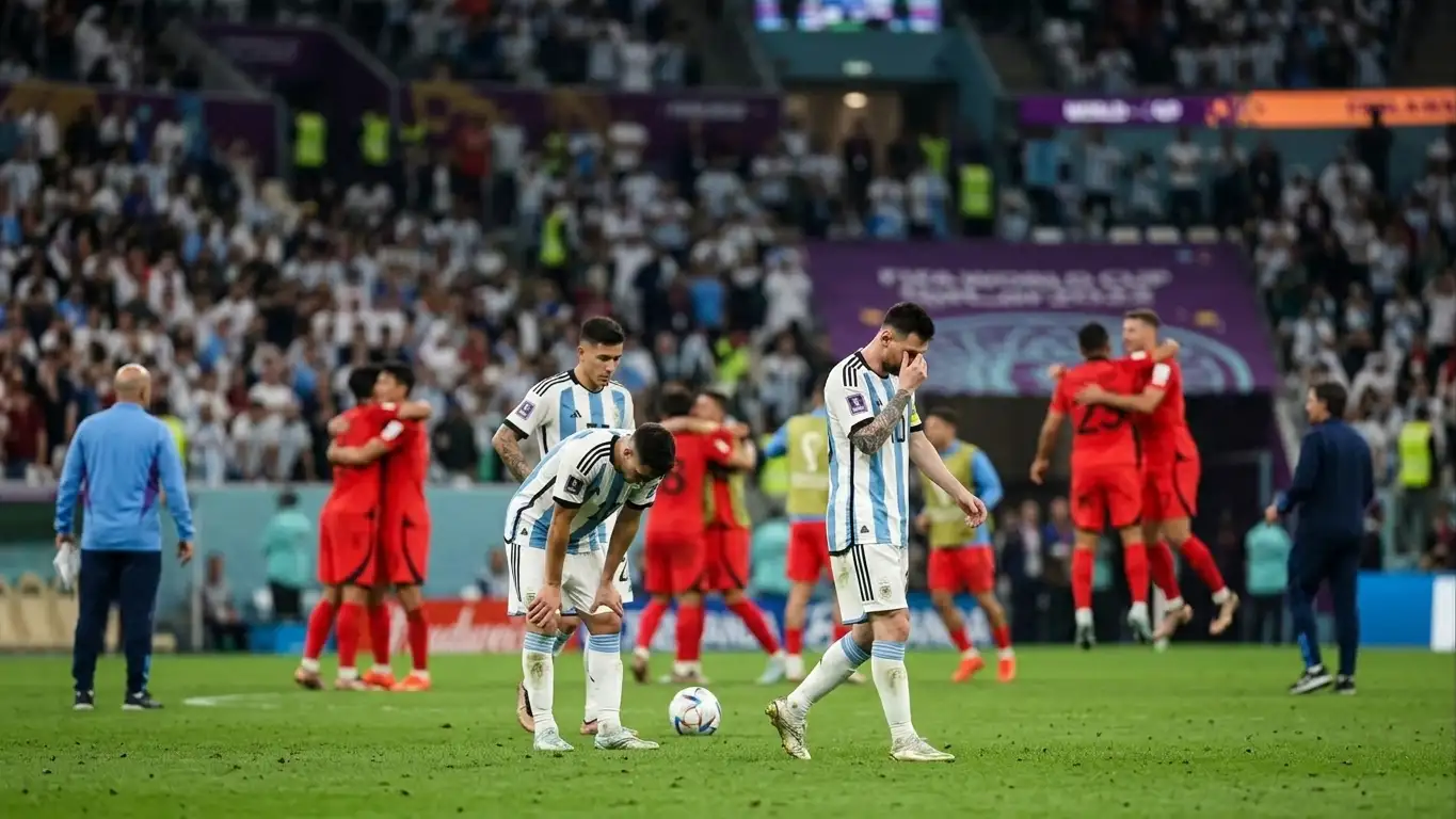 Argentina players look dejected at full-time as Spanish players celebrate in the background