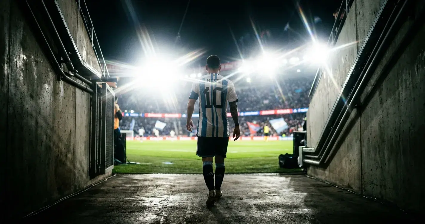 A footballer in a blue-and-white striped kit walking out of a stadium tunnel into floodlights