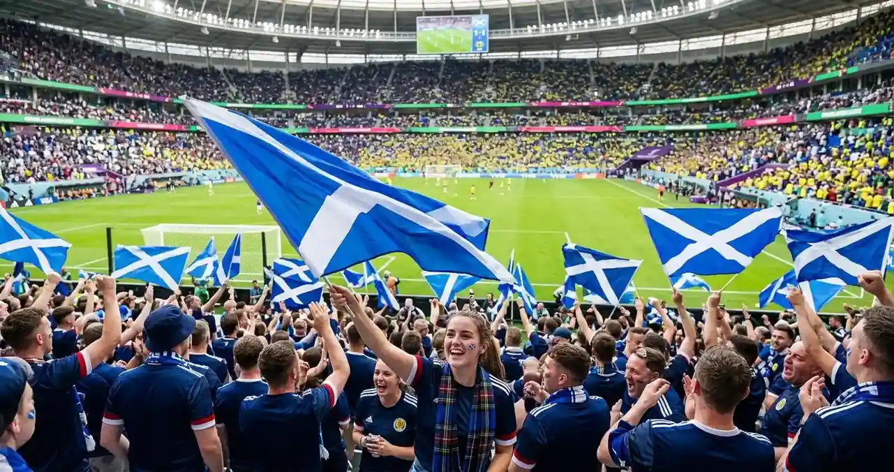 Scotland supporters in blue waving Saltire flags in a packed World Cup stadium