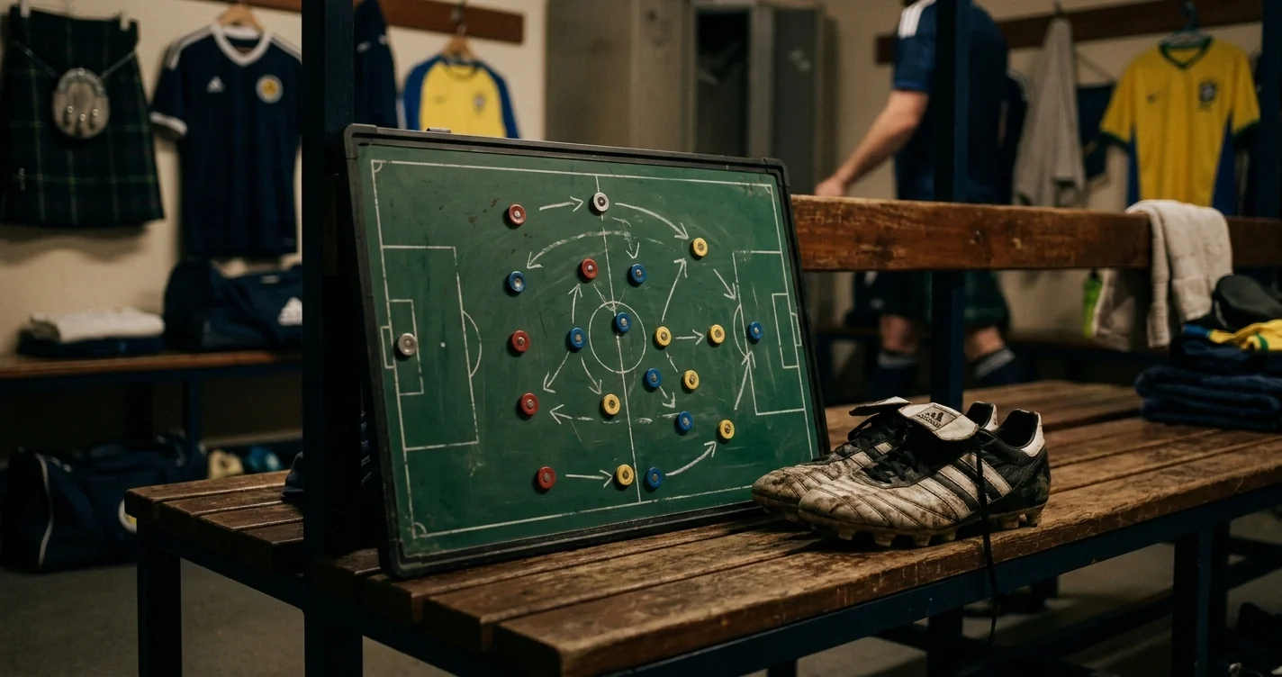 Tactics board and football boots in a stadium dressing room before kick-off