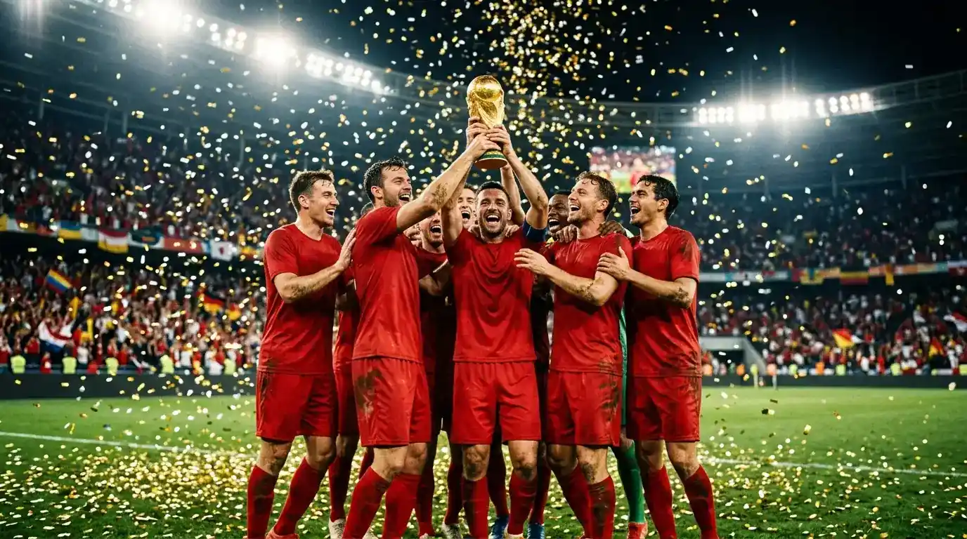 Spanish team lifts trophy under golden confetti in a packed stadium at night