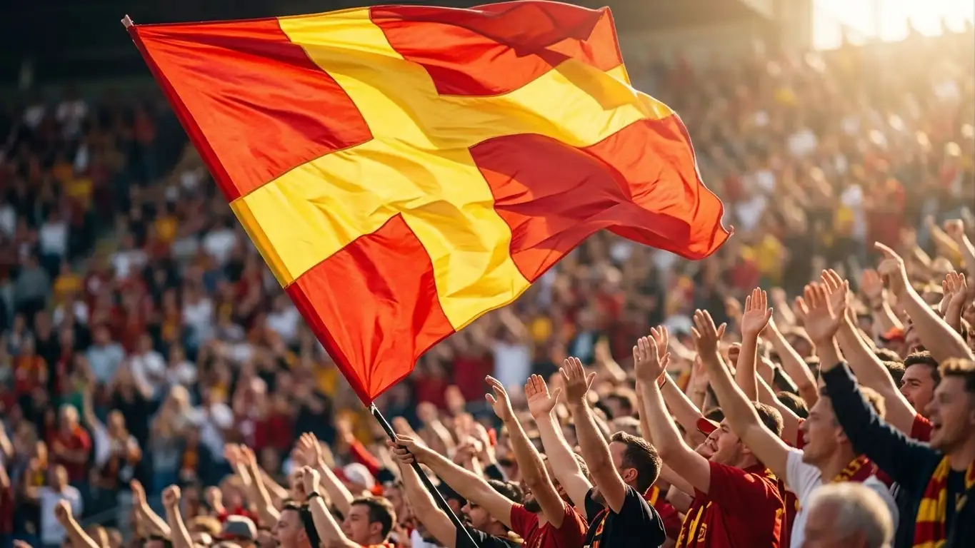 Red-and-yellow Spanish flag waves in a sun-drenched stadium crowd