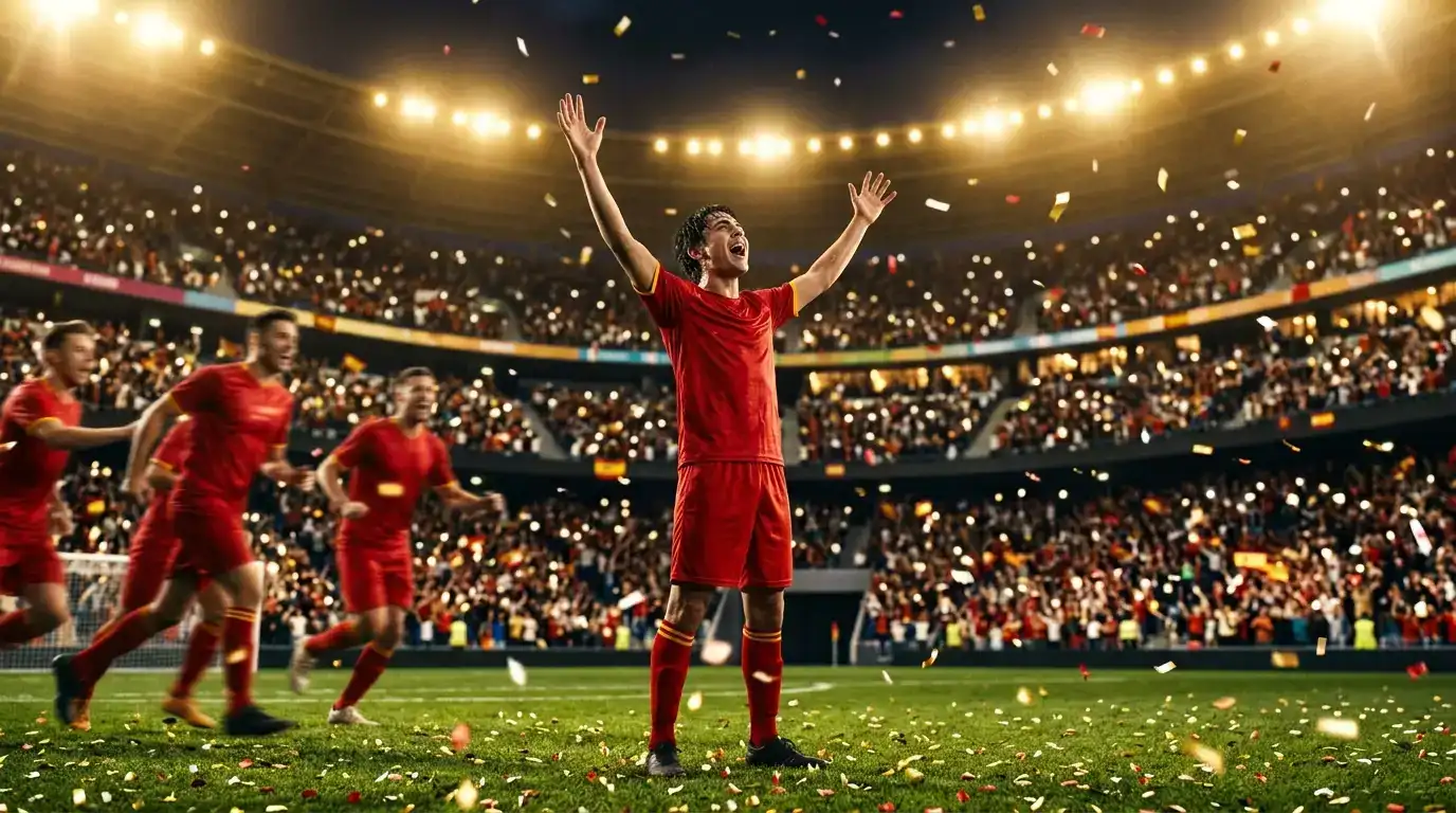 Spain substitute celebrates with arms raised in golden stadium light