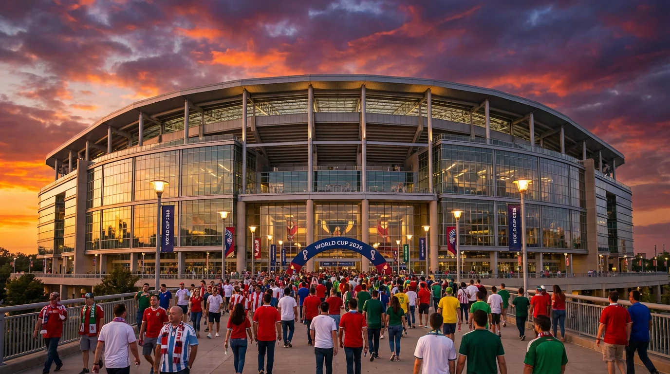 Exterior view of a large American football stadium at sunset with fans approaching the entrance gates before a World Cup match