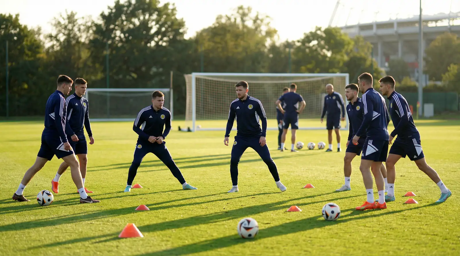 Football players from different national teams warming up on a training pitch before a World Cup match with goalposts and cones visible