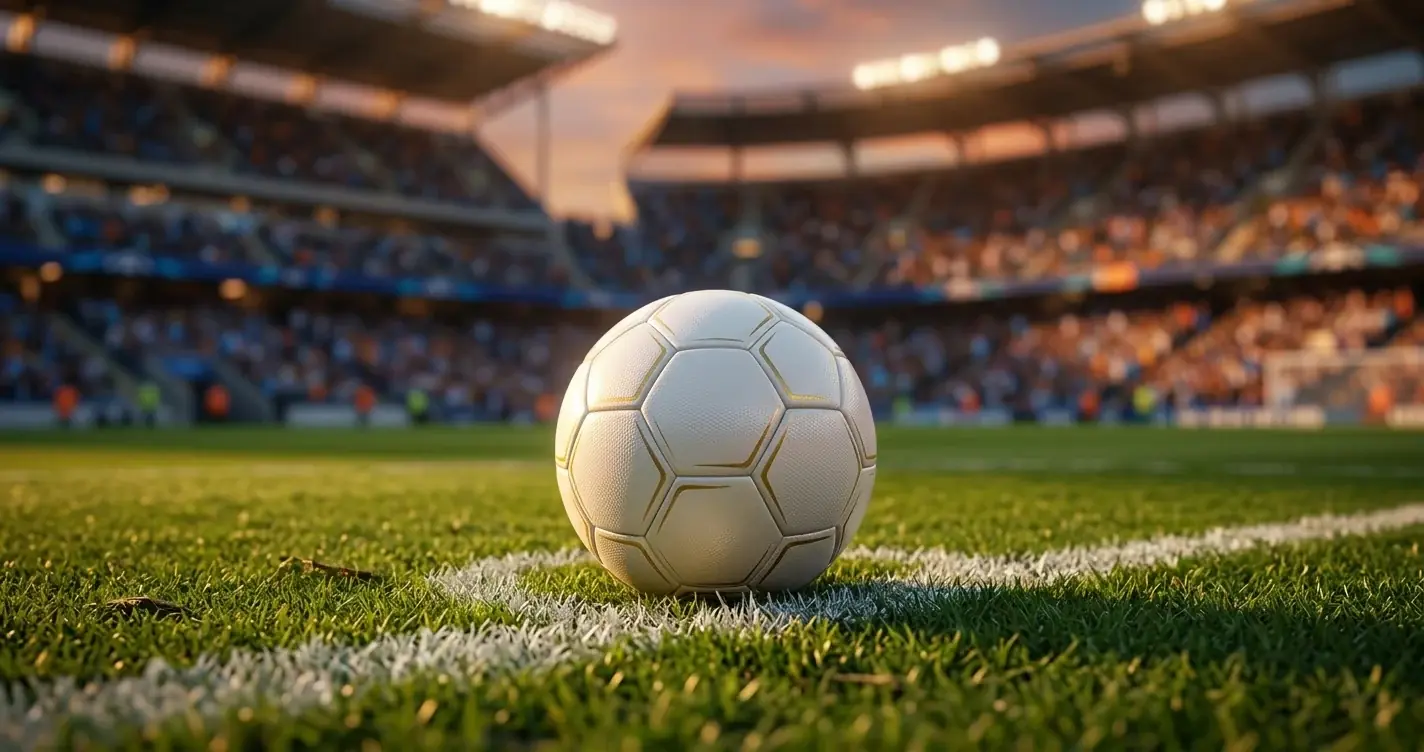 Match ball on the centre spot of a floodlit World Cup pitch at dusk, empty stadium filling with fans