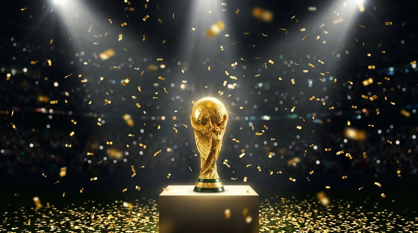 Trophy on a podium under spotlights with golden confetti falling in a darkened stadium