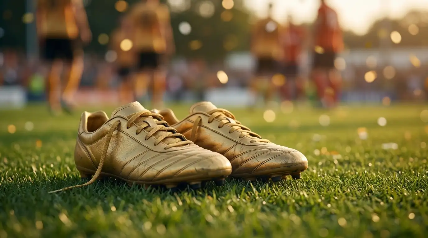 A pair of golden boots on a green pitch in late evening light, with confetti blurred in the background