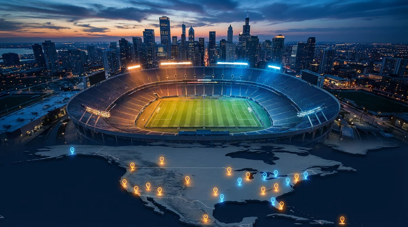 Map showing all sixteen World Cup 2026 stadium locations across the United States, Mexico, and Canada