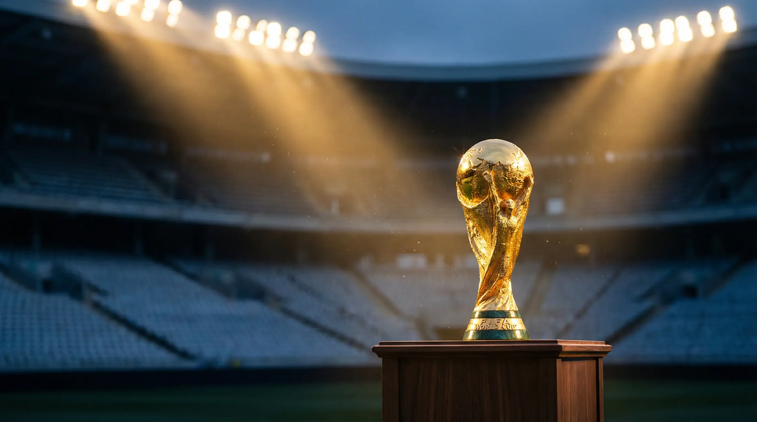 Golden FIFA World Cup trophy on a display podium with stadium seating in the background