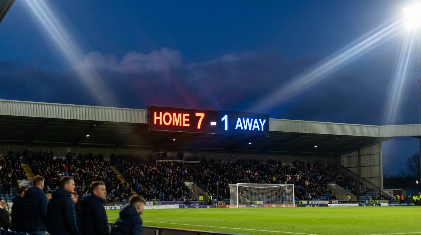 Football pitch scoreboard displaying historic World Cup goal tallies and match statistics