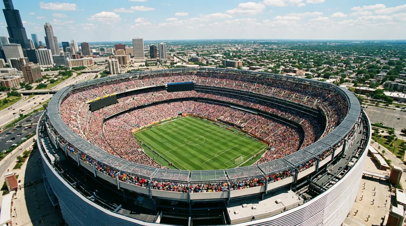 Aerial panoramic view of a major American football stadium converted for World Cup 2026 matches